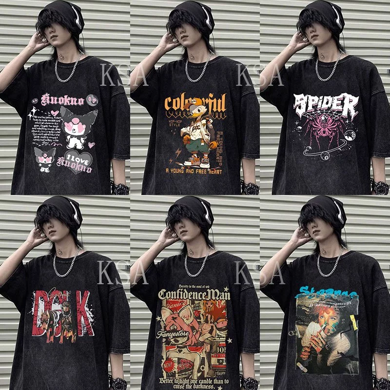 เสื้อฟอกวินเทจผู้หญิงเท่ๆ oversize ผ้าฝ้าย 100%เสื้อผ้าแฟชั่นสไตล์เกาหลี สไตล์ฮิปฮอป เสื้อยืดคู่กับแฟนไซร์ใหญ่ชายหญิง