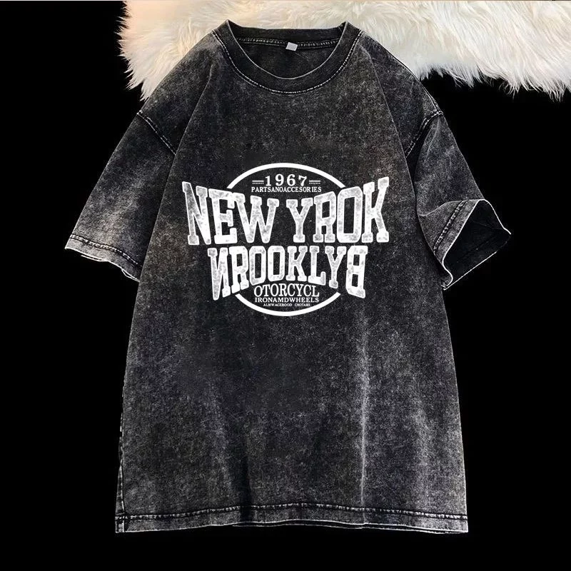 เสื้อฟอกวินเทจผู้หญิงเท่ๆ oversize ผ้าฝ้าย 100%เสื้อผ้าแฟชั่นสไตล์เกาหลี สไตล์ฮิปฮอป เสื้อยืดคู่กับแฟนไซร์ใหญ่ชายหญิง thumbnail 10