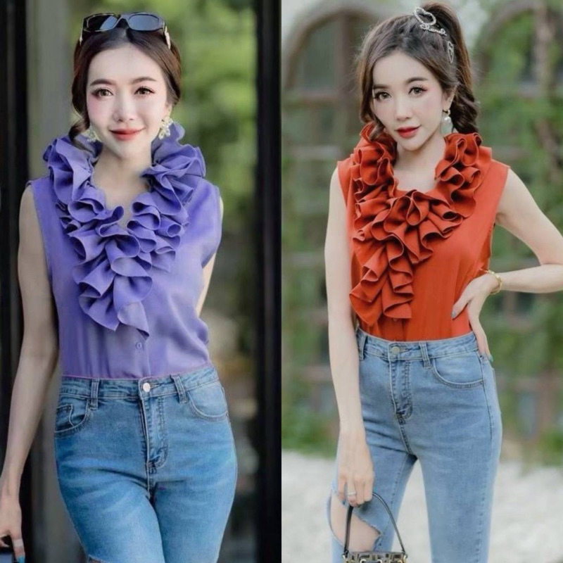 ใช้โค้ดลด20% เสื้อแขนกุดกระดุมหน้าคอระบาย เสื้อแขนกุดคอระบายพวงมาลัย งานสวย ดูแพง
