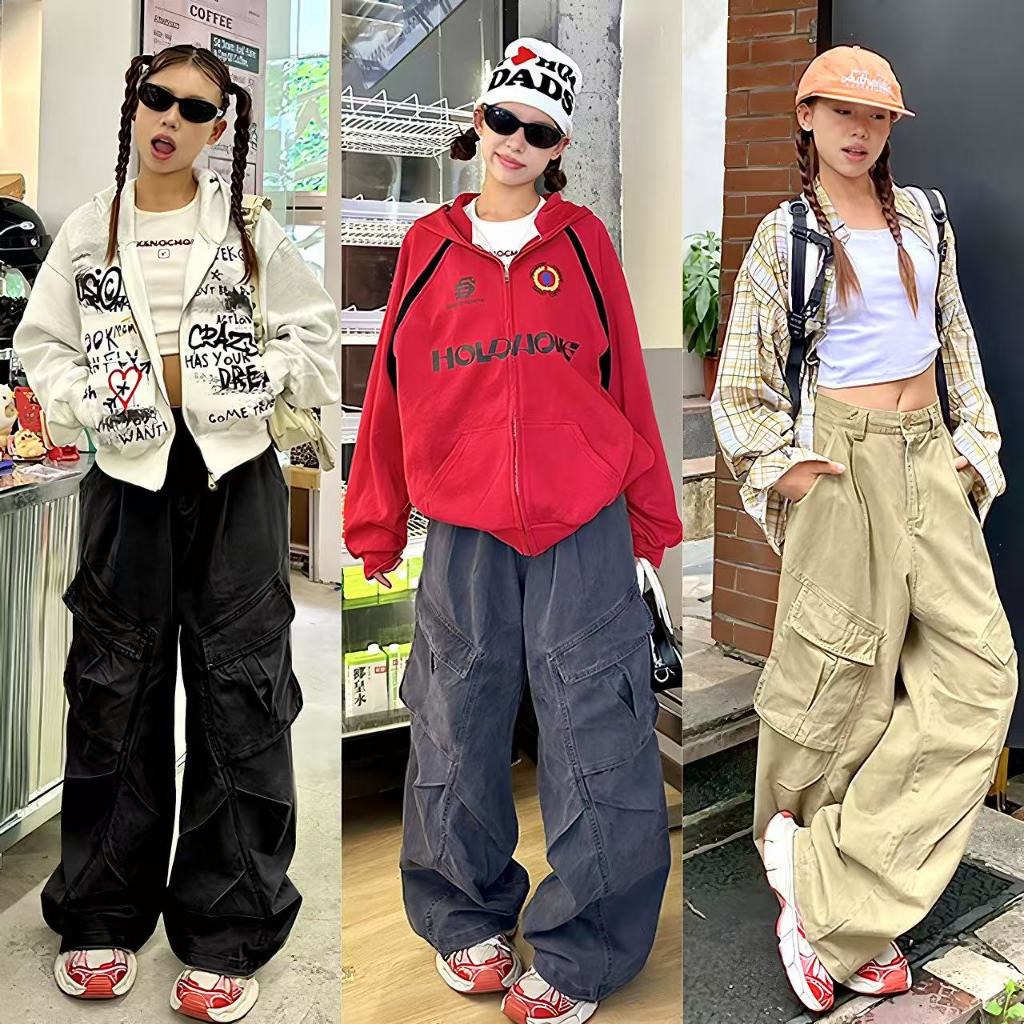กางเกงคาร์โก้ผู้หญิง กางเกงขากว้าง งานจีบด้านหน้า 2สีให้เลือก กระเป๋าใหญ่ สาวอวบใส่ได้ #010156