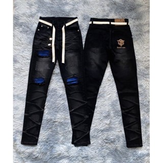 กางเกงยีนส์ดำขายาวแต่งขาด รุ่นใหม่ล่าสุด โปรแถมเชือกฟรี พร้อ…