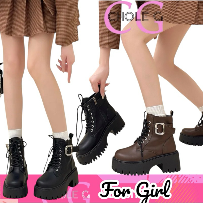 Chole G: For Girl Martin Black Boots รองเท้าบูทหนังมาร์ตินส้นสูงรุ่นฮิต หุ้มข้อสไตล์อังกฤษ ส้นสูง 7cm(SH0194)