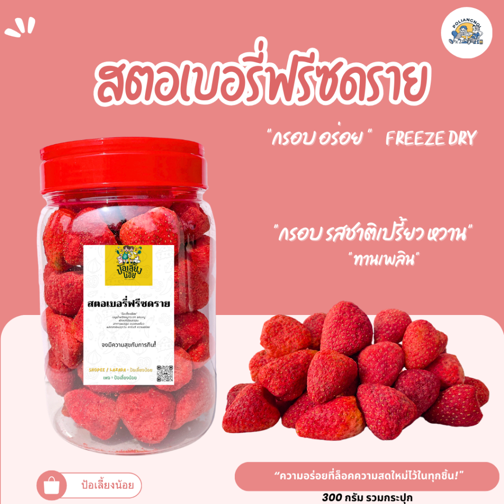 (ยกถัง) สตอถัง สตอเบอร์รี่ฟรีซดราย เกรด A เปรี้ยว หวาน ร้านป้อเลี้ยงน้อย ไซร์ 300 กรัม