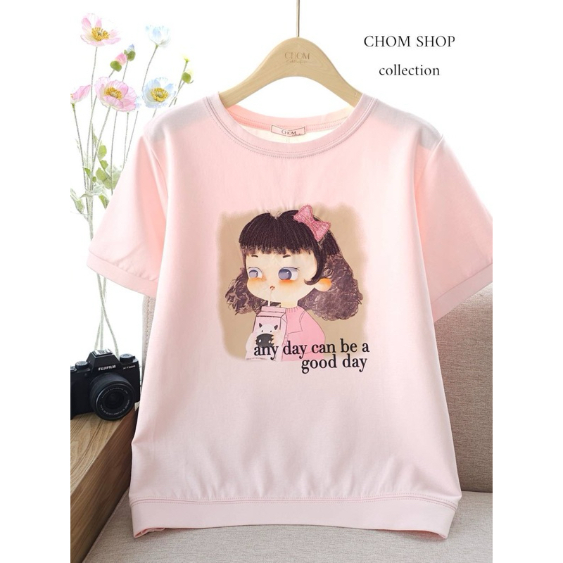 พร้อมส่ง เสื้อยืดป้ายChom เสื้อยืดผู้หญิง อกหน้าผ้า42 ยาว24 ผ้ายืด ผ้าเด้ง คอกลม แขนสั้น งานปัก+สกรีนลายน่ารักๆ ดีเทล