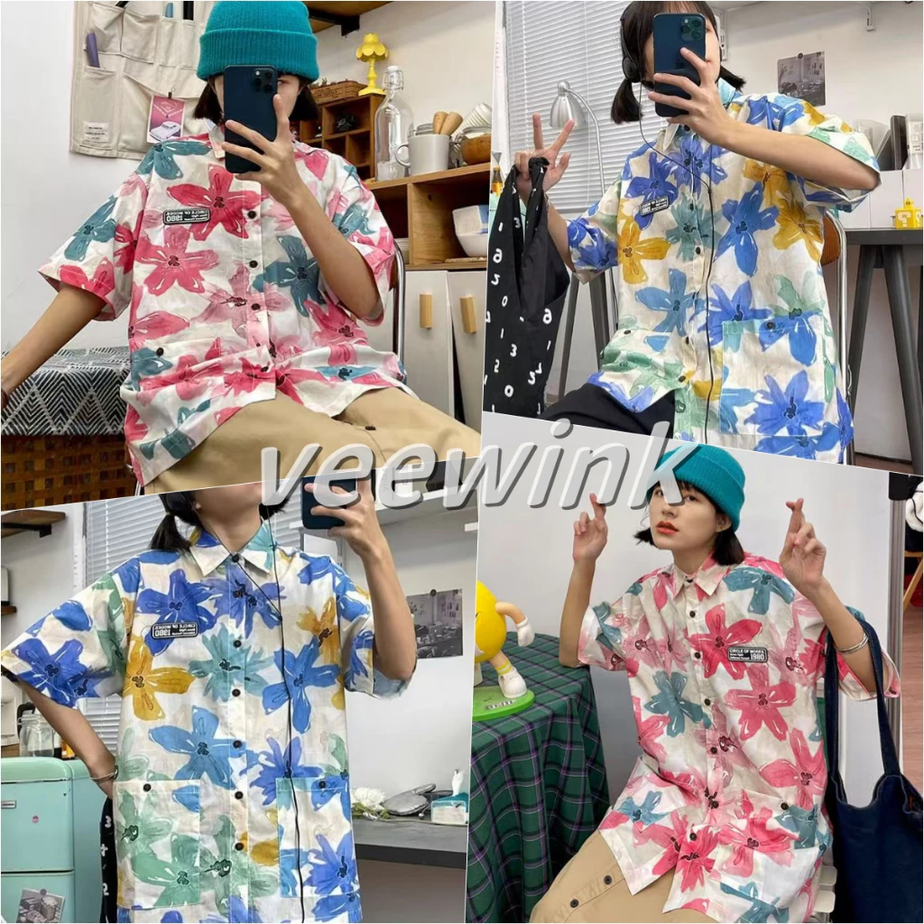 Veewink เสื้อสงกรานต์แขนสั้น ลายดอกวินเทจ Oversize ทรงหลวม