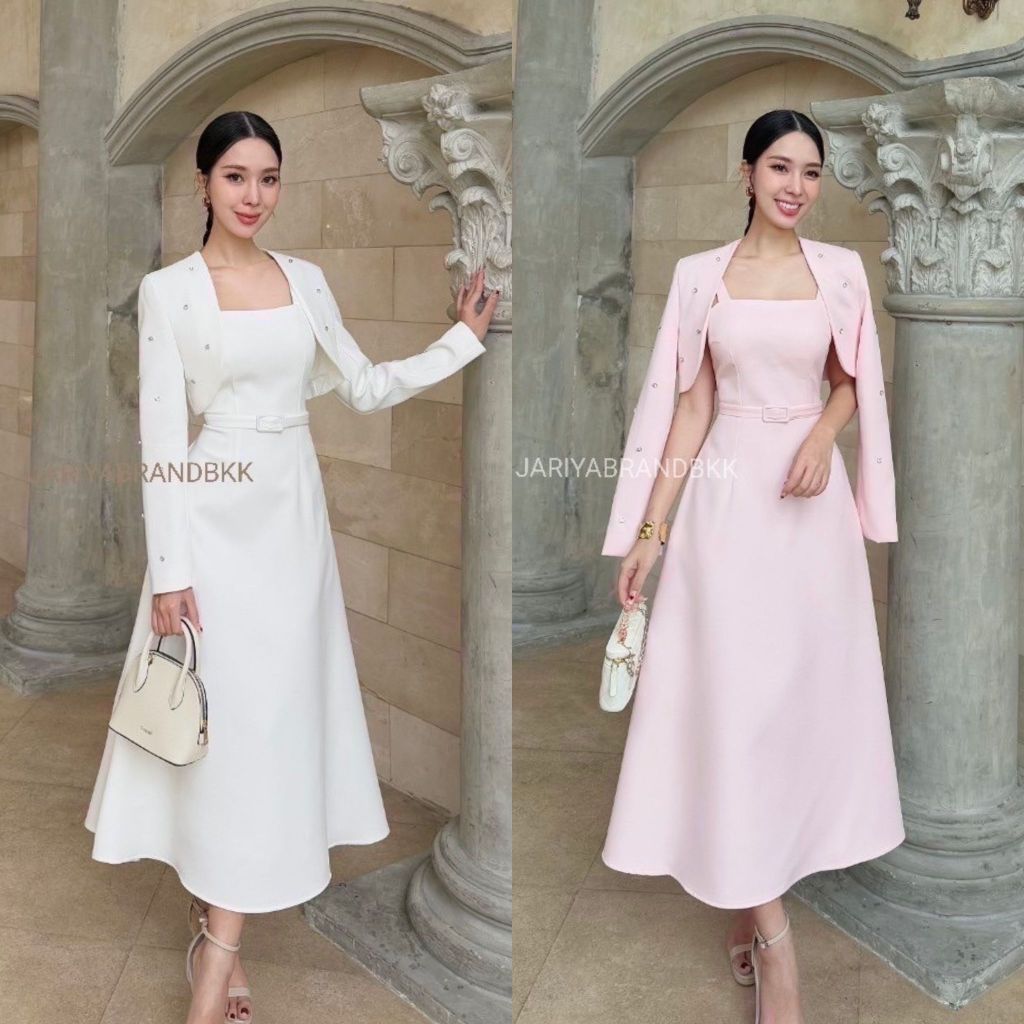 เชคสินค้าก่อนกดสั่งซื้อน้า LABEL: JARIYA เสื้อคลุมแขนยาวปักเพชรมาพร้อมเดรสแขนกุดมีเข็มขัด