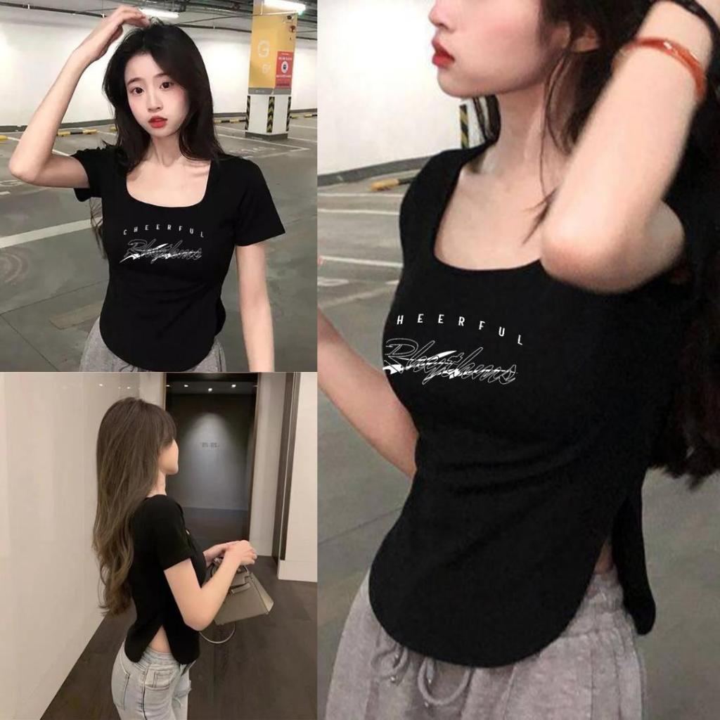 【ส่งจากกรุงเทพ】M-3XL เสื้อแขนสั้นผู้หญิง เสื้อคอกว้าง เสื้อแหวกเอวสุดเซ็กซี สีพื้นแมทช์ง่าย 0888