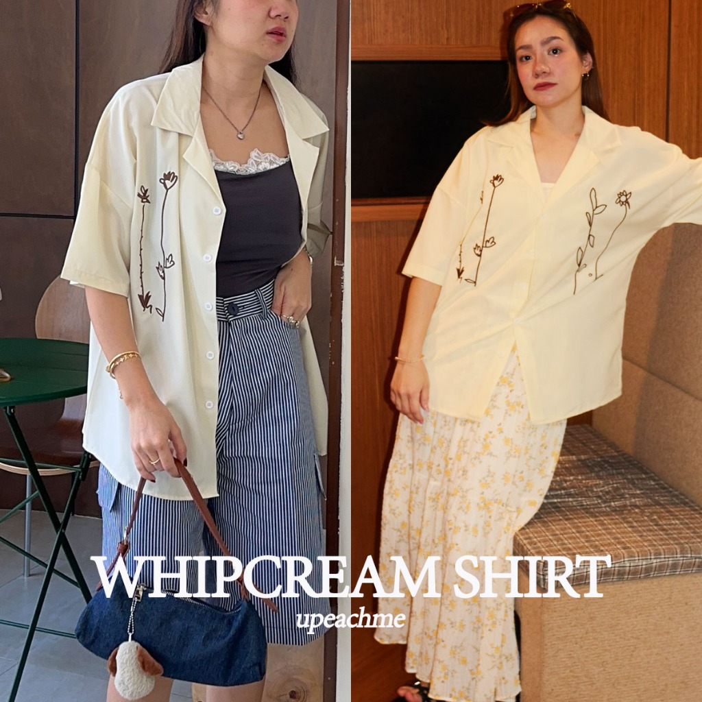 upeachme(H8.6) WHIPCREAM SHIRT (S-XL) เสื้อเชิ้ตคลุมสีครีมปักลายดอกไม้ขนาดหลวมโคร่งใส่คลุมได้
