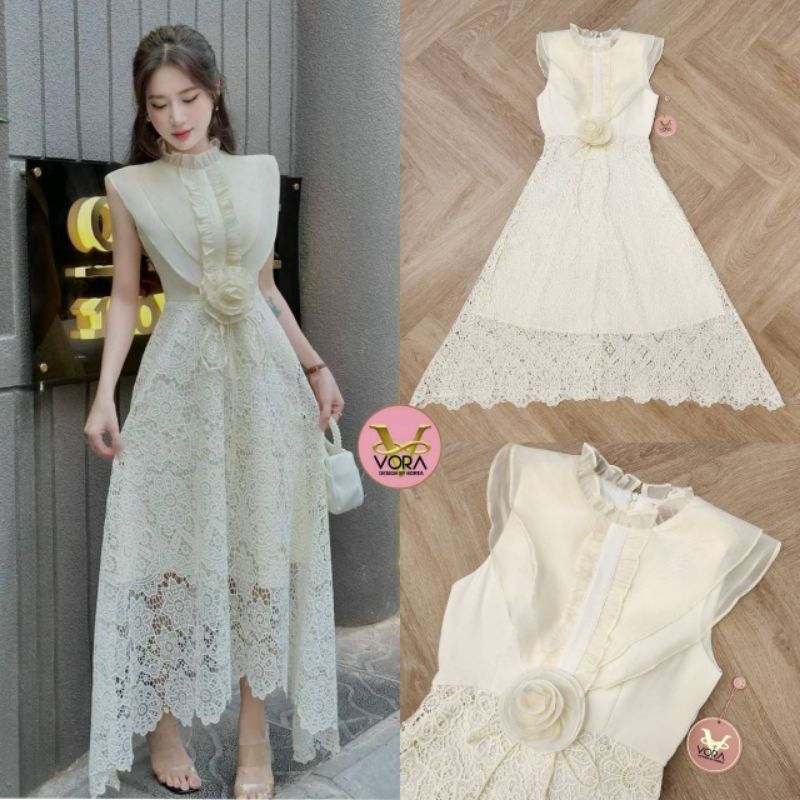 VORA Dress ยาว แขนกุด ด้านหน้าแต่งระบายสองชั้น จับลอนช่วงคอเสื้อ  แต่งเข็มกลัดรูปดอกไม้ช่วงเอว 1