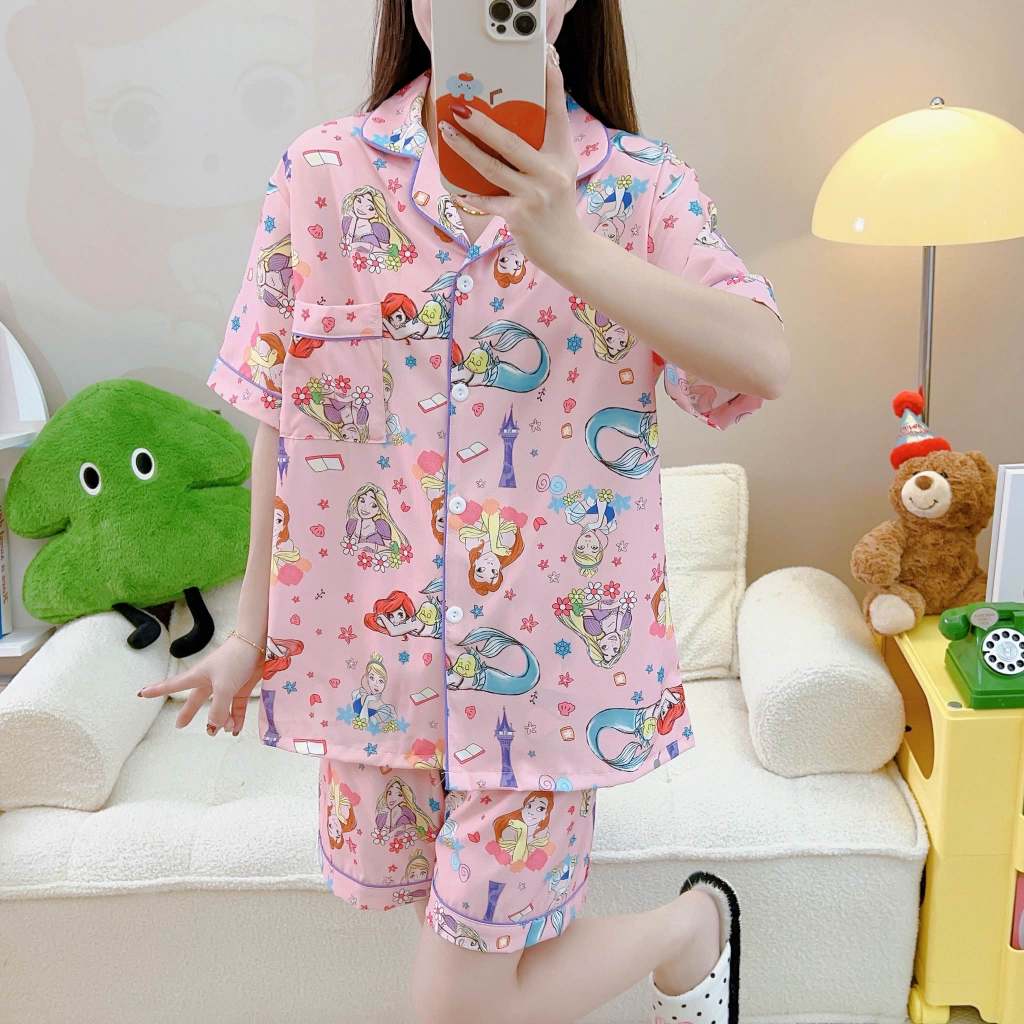 พร้อมส่ง ชุดนอนงานผ้าไหมพรีเมี่ยมฟรีไซส์ (แขนสั้น-ขาสั้น)