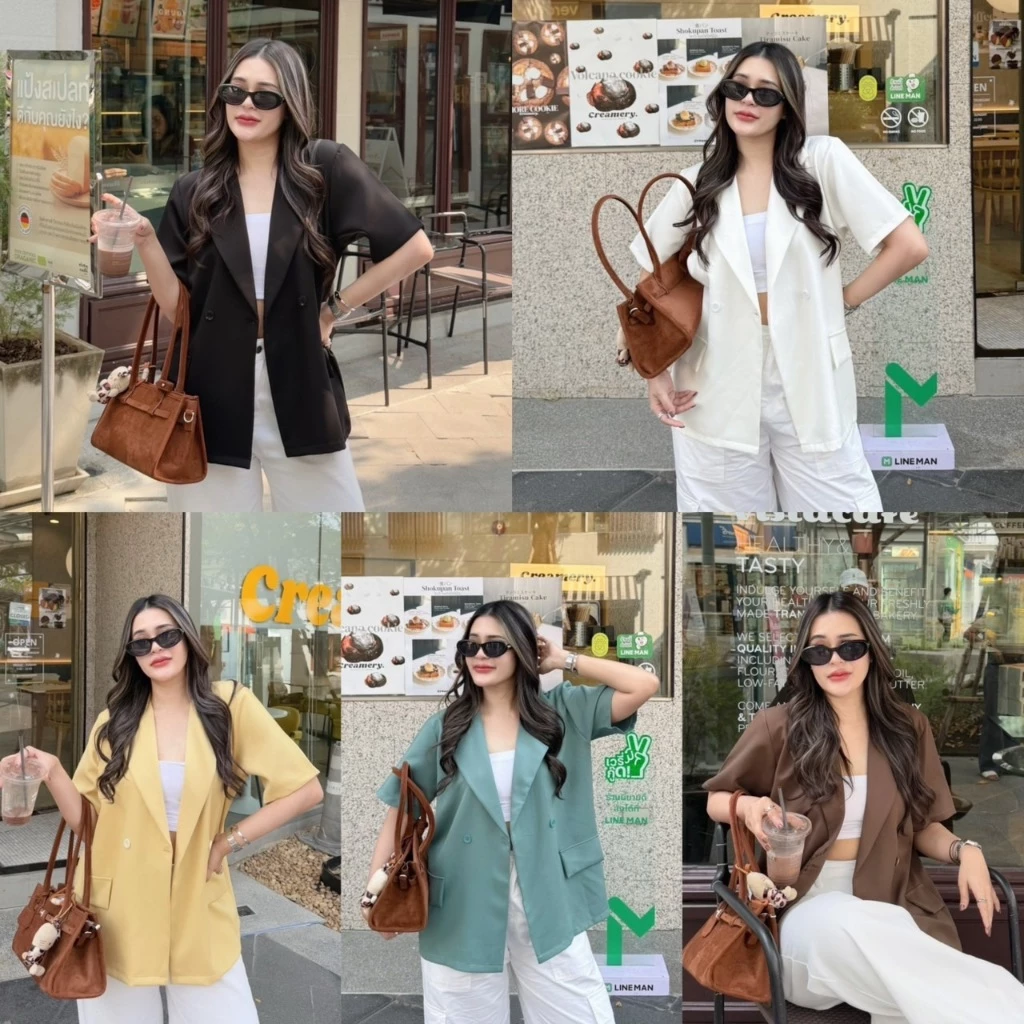 Blazer top เสื้อเบลเซอร์แขนสั้น (ผ้าเปเป้) AOMMKOSHOP - S78