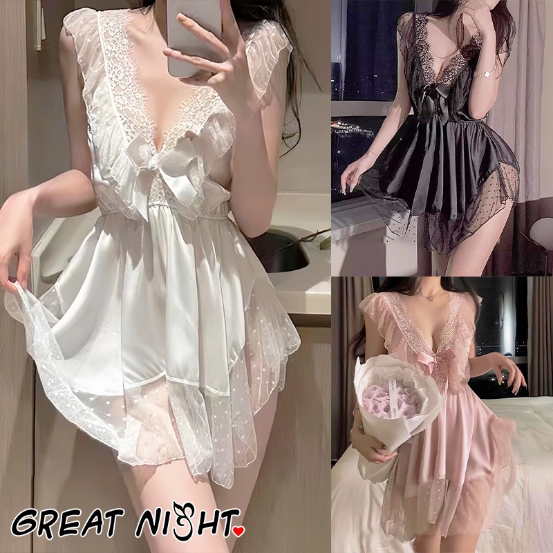 🌙Great Night🌙ลายจุด ชุดนอนเซ็กซี่ ชุดนอนลูกไม้เซ็กซี่ ตกแต่งโบว์ คอวีลึก ชุดไม่ได้นอน แขนกุด พร้อมส่งจากไทย