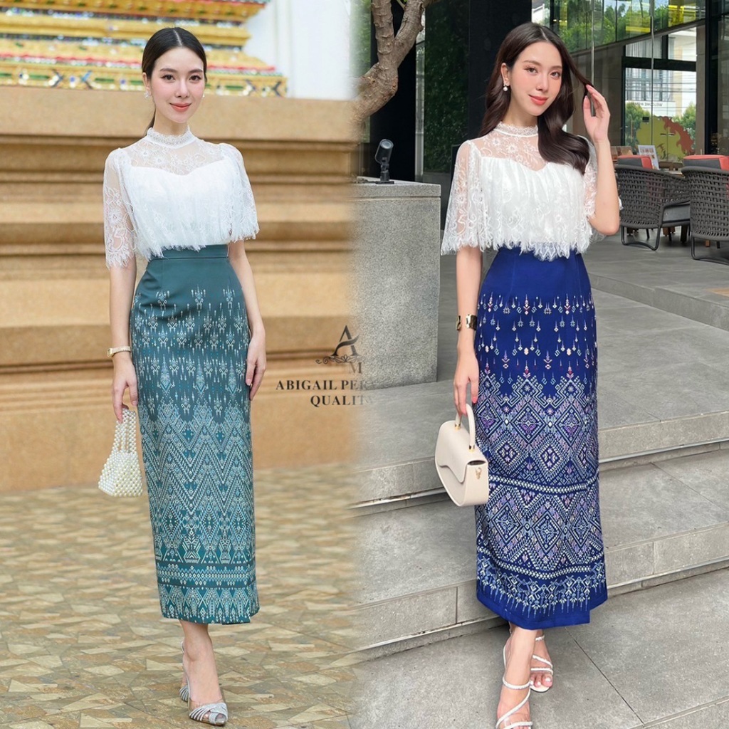 S-XL เซท2ชิ้น ชุดไทยประยุกต์ใส่ทำบุญเสื้อขาวระบาย+ผ้าถุง สีเขียว,สีกรม