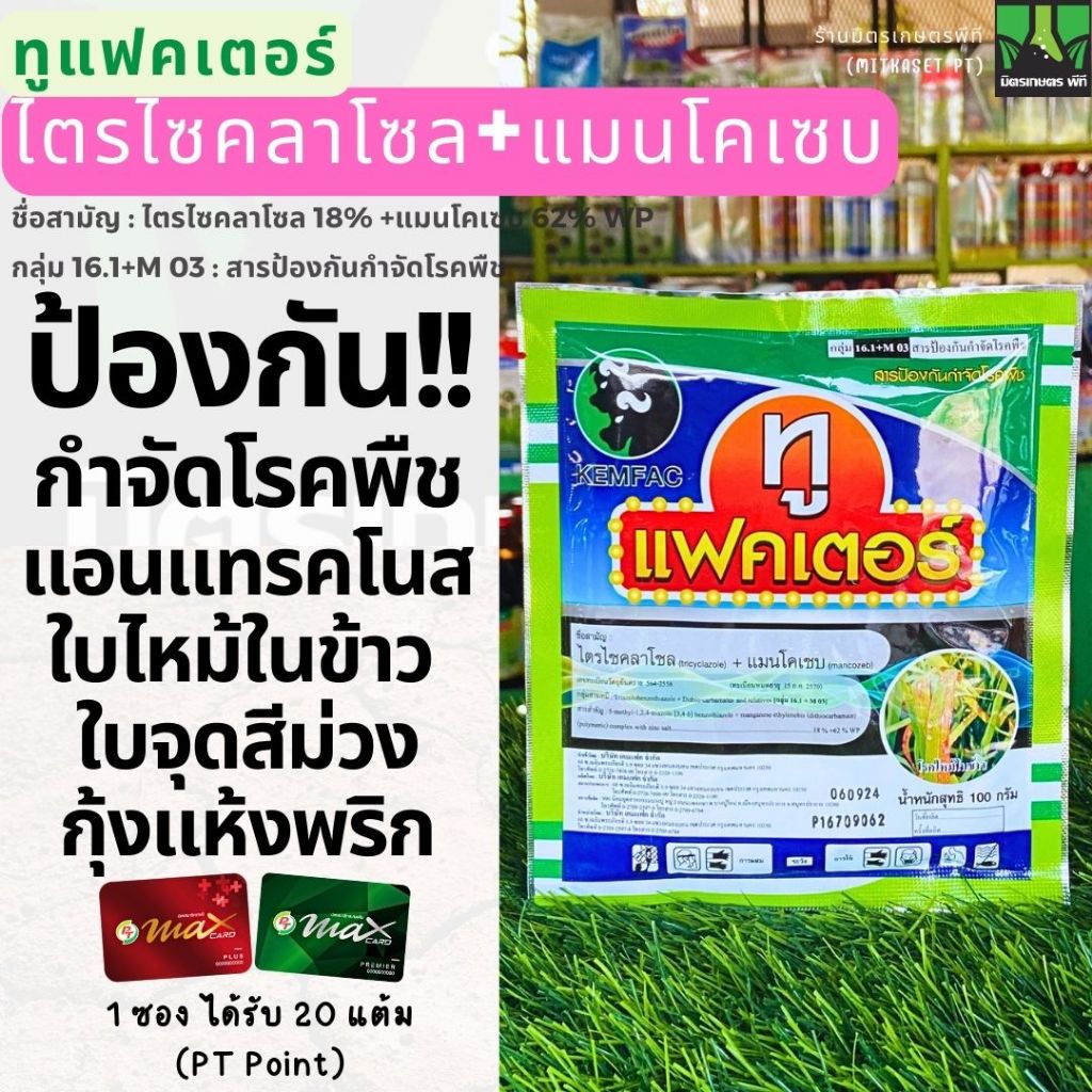 ทูแฟคเตอร์ ขนาด 100 กรัม (แมนโคเซบ+ไตรไซคลาโซล) ยาเชื้อรา กำจัดโรคราน้ำค้าง โรคกุ้งแห้ง แอนแทรคโนส ใบไหม้ข้าว ใบจุดหอม
