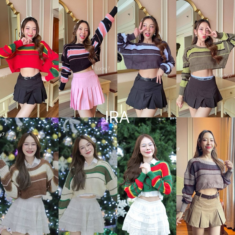 BY IRA Dewvy Knit Sweater ครอปไหมพรมแขนยาว ลายทาง