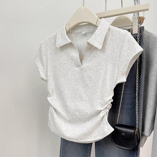 Y6Y - เสื้อคอปกผู้หญิงแฟชั่นสไตล์ลำลอง | เสื้อยืดแขนสั้นสีขา…