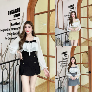 พร้อมส่ง ชุดเซตผ้าเปลือกไม้ เสื้อแขนยาวผ้าซีฟองระบายอกผูกโบว์อก+กางเกงกระโปรงเอวเรียบสม็อคหลังแต่งกระดุม A5852