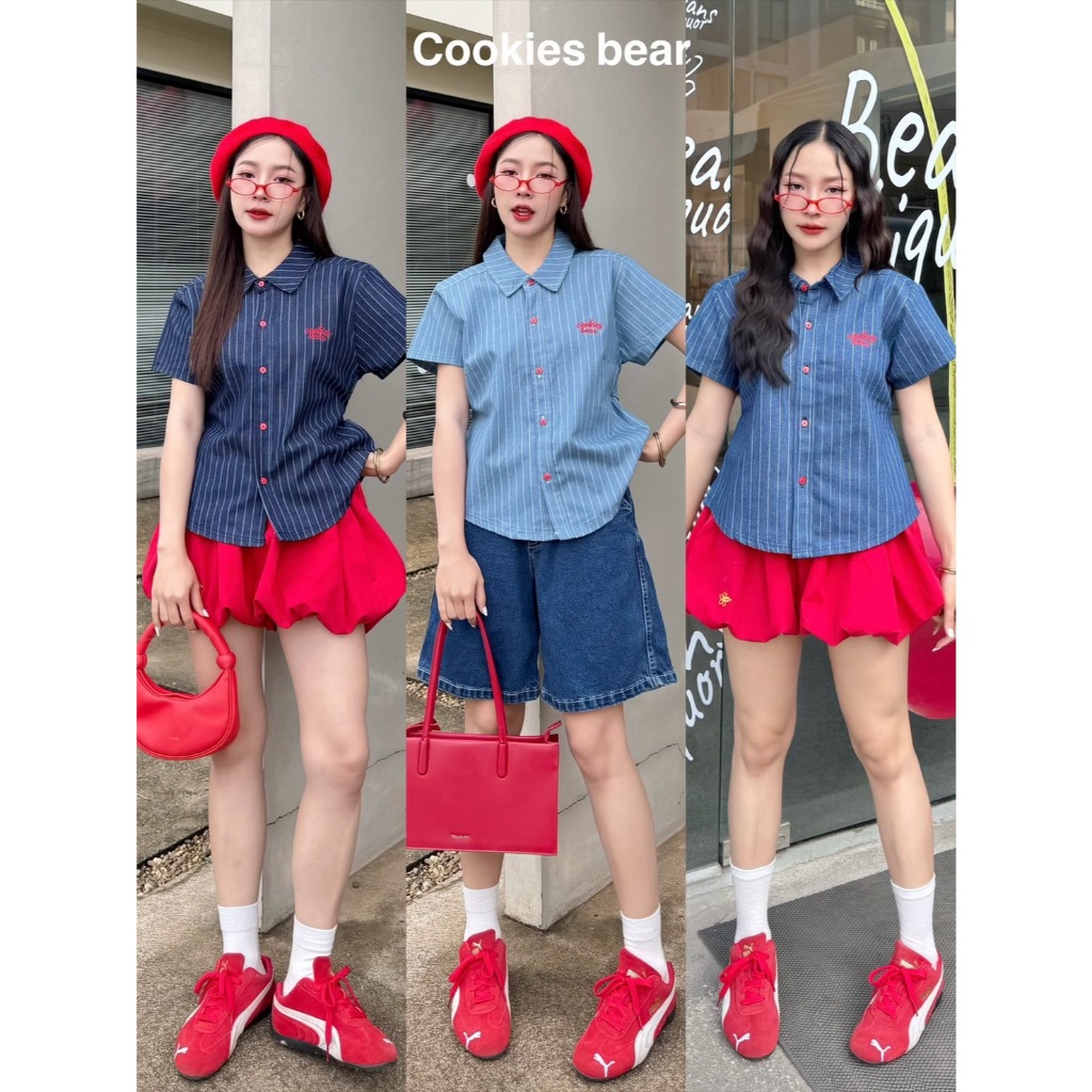 เชิ้ตยีนส์ตัวยาวแขนสั้น ผ้ายีนส์แท้ลายริ้ว ผ้ายีนส์หนา กระดุมหน้ามีสายเข้าเอวด้านหลัง Cookie Bear