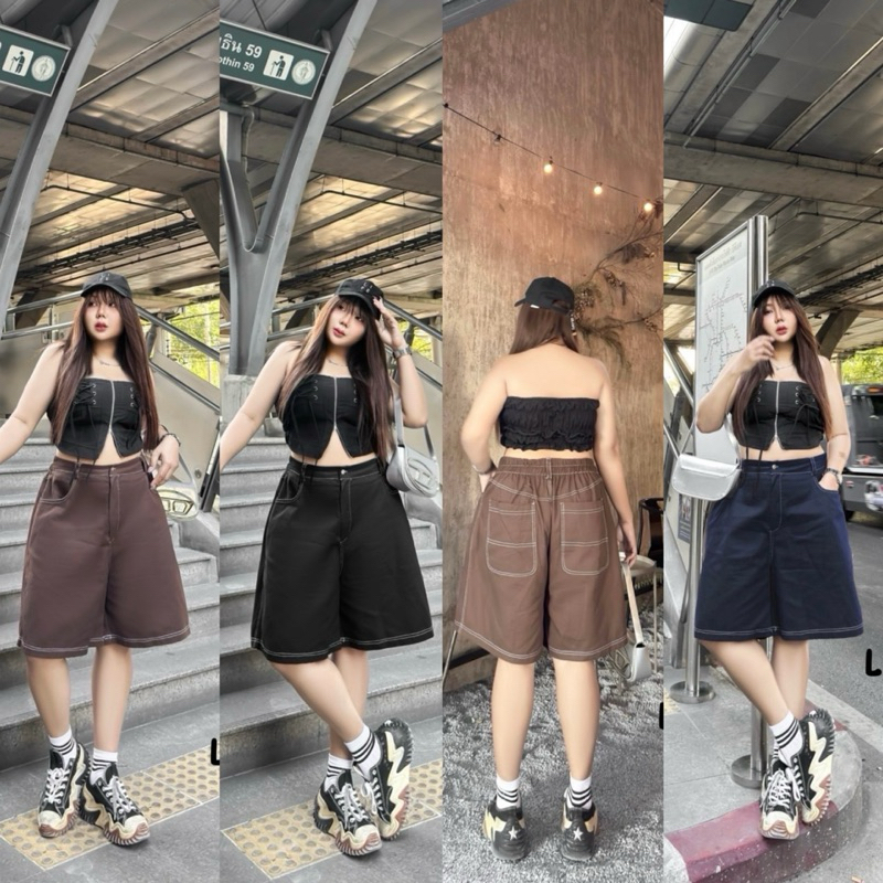 (LC) กางเกงยีนส์ 4 ส่วน ดีเทลแต่งสีด้าย ทรงเท่ห์ แมทซ์ง่าย เสื้อผ้าสาวอวบอ้วน พลัสไซส์ ไซส์ใหญ่