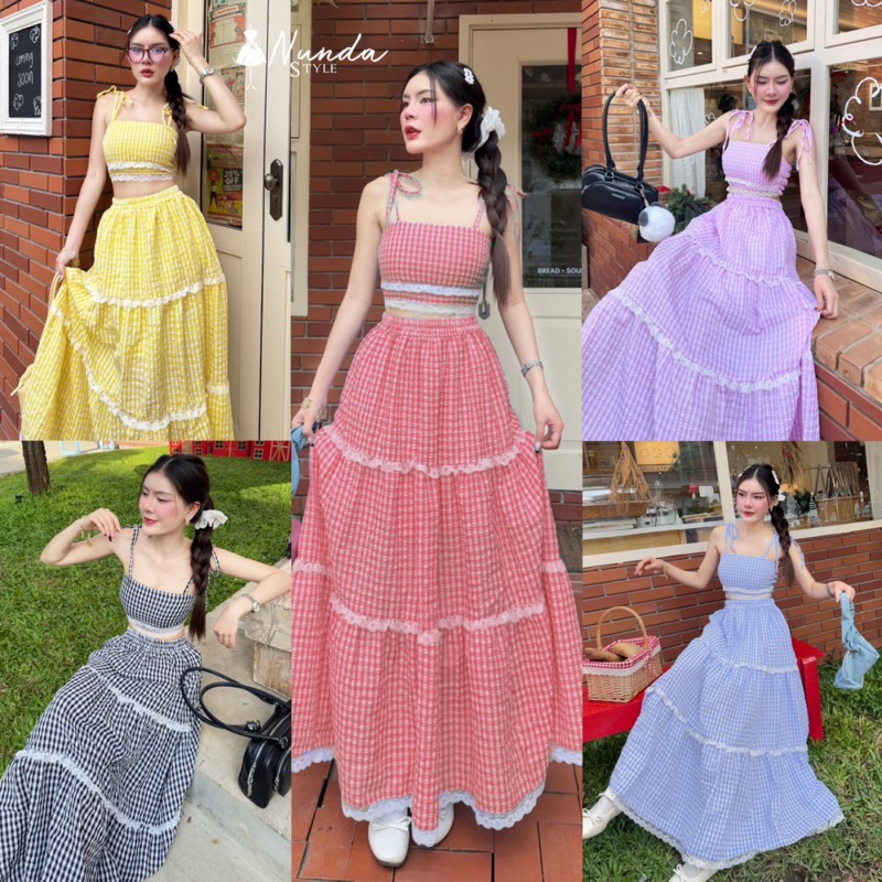 LILY เซ็ต 2 ชิ้น[เสื้อ+กระโปรง] เสื้อผูกไหล่ กระโปรงยาว แต่งอะไหล่ลูกไม้รอบตัว ชุดเซ็ต ชุดใส่เที่ยว ชุดสวยๆ