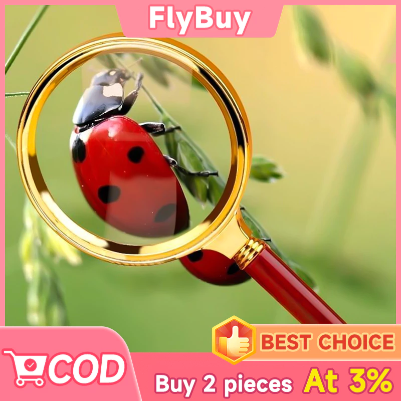 FlyBuy-แว่นขยาย สีทอง 90/80/70 มม มีด้ามจับ อ่านหนังสือ วินเทจ ตัวเลนส์กรอบทอง ด้ามจับสีไม้