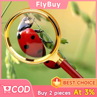FlyBuy-แว่นขยาย สีทอง 90/80/70 มม มีด้ามจับ อ่านหนังสือ วินเทจ ตัวเลนส์กรอบทอง ด้ามจับสีไม้