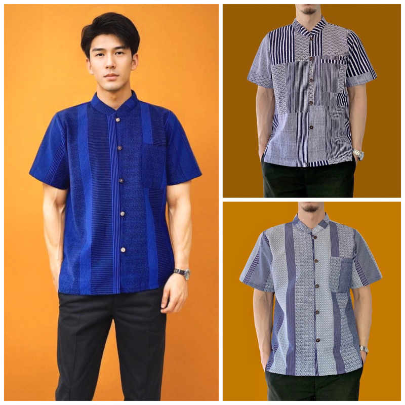 เสื้อพื้นเมืองผู้ชายคอจีน ลายบาร์โค้ด