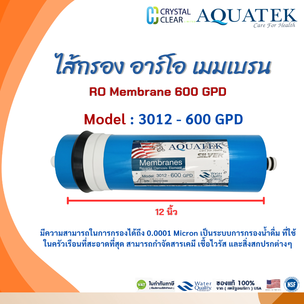 ไส้กรอง อาร์โอ เมมเบรน 3x12 นิ้ว 600 GPD Model:3012 RO MEMBRANE AQUATEK SILVER กรอง 0.0001 ไมครอน
