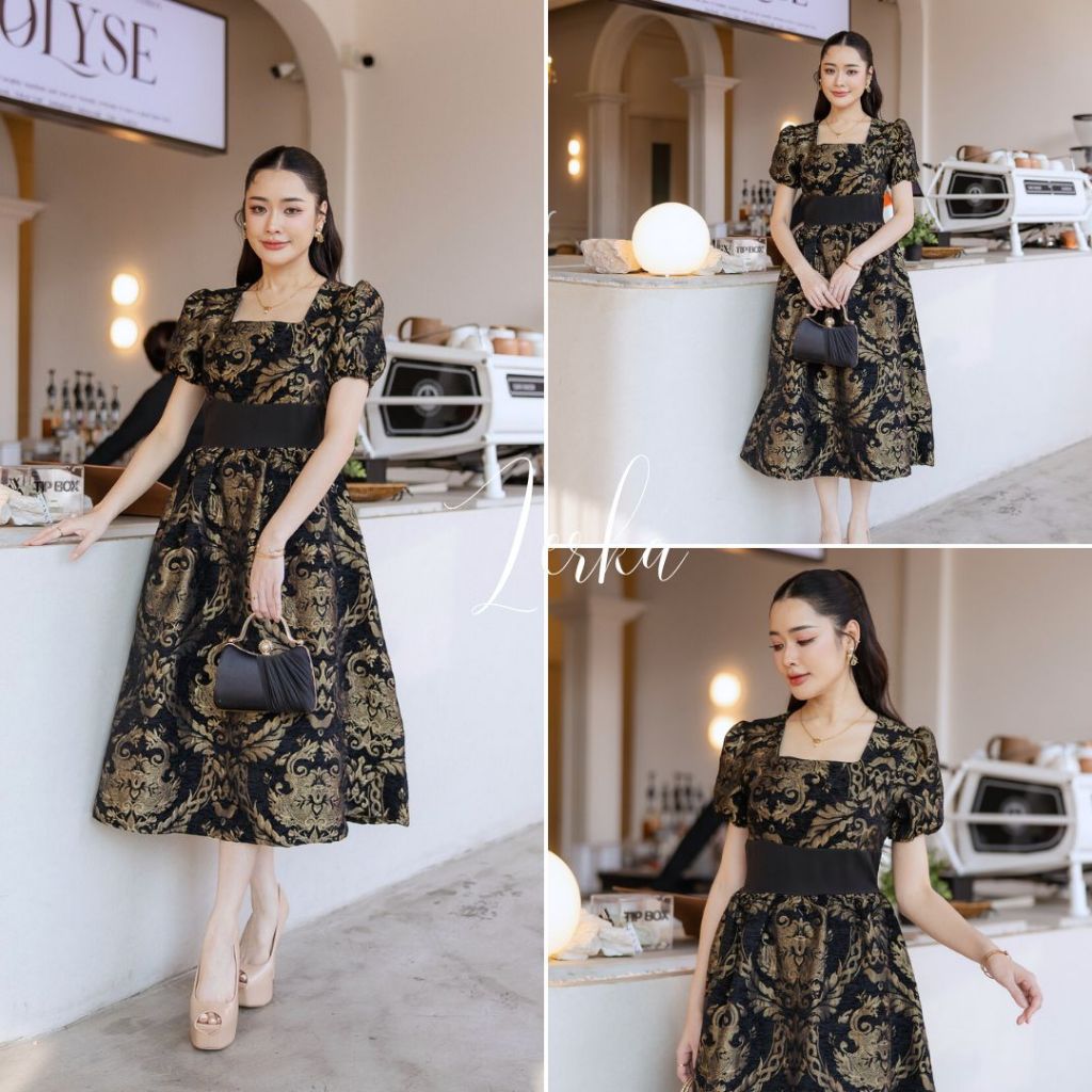 ชุดเดรสยาวลายสวยหรู สีดำทอง ผ้าทอลายสวยหรู งานเกรดพรีเมี่ยม มีซับในทั้งชุด #code11139