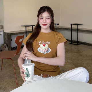 🌈SpinnyHouse🌈เสื้อยืดคอกลมแขนสั้น ผ้ายืดยูนิ แต่งจั๊มข้าง สกรีนลายเค้กน่ารัก 🎀สาวอวบใส่ได้ รุ่น จั๊มข้างเค้ก