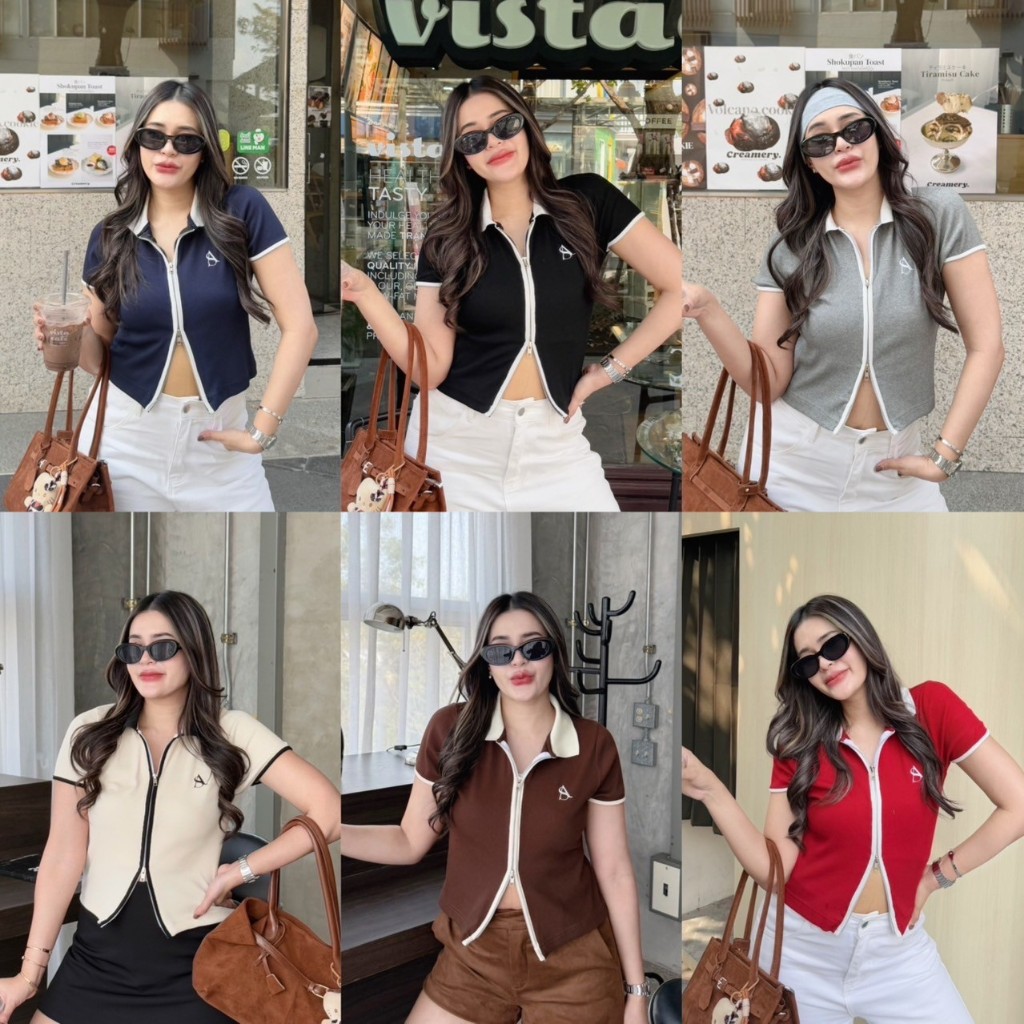 Polo Zip top เสื้อแขนสั้นซิปหน้า ปักโลโก้ (ผ้าร่อง) งานSize M-L AOMMKOSHOP - S76