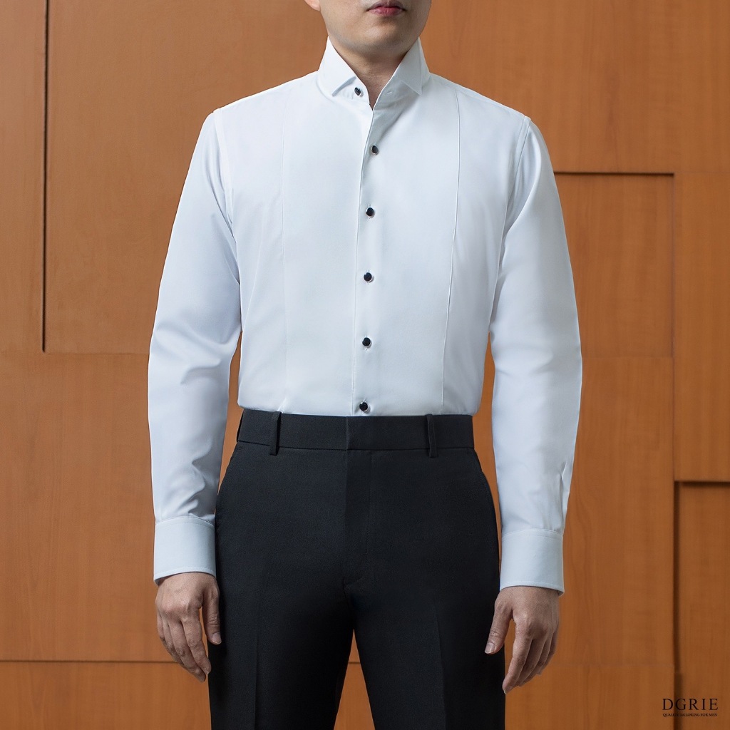 JP Smooth Wingtip Collar Patch Work White Tuxedo Shirt II - เชิ้ตทักซิโด้สีขาว