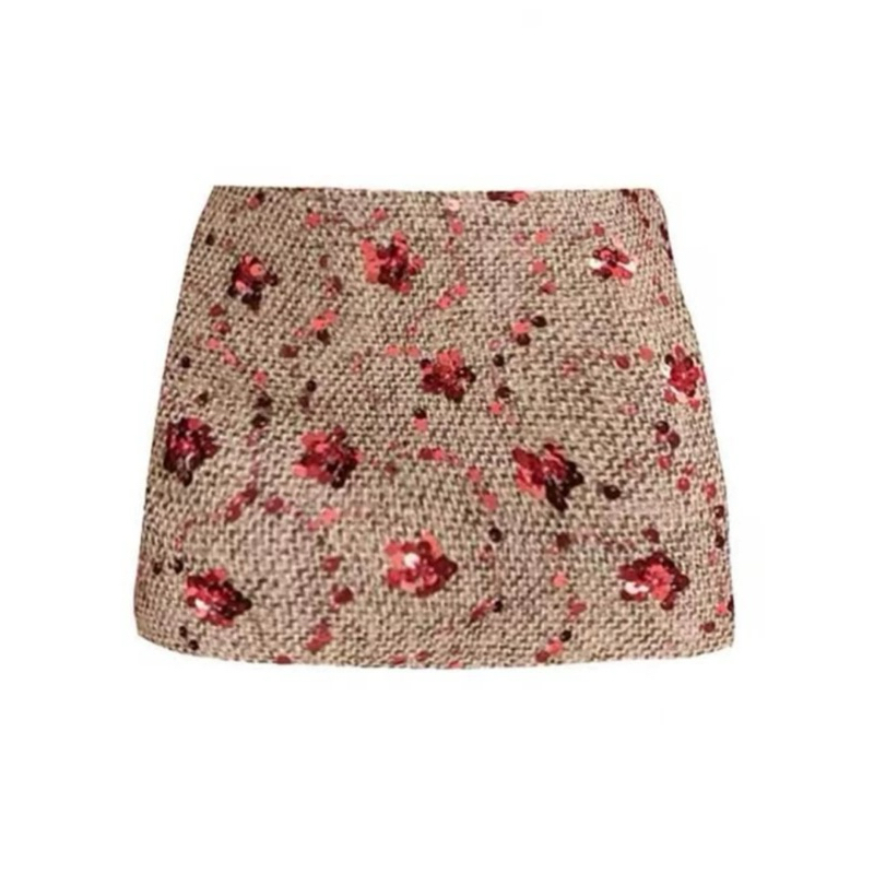 (พร้อมส่ง M)APILAPA กระโปรงสั้นทรงเอ ปักเลื่อมสีแดง ดูหรูมาก