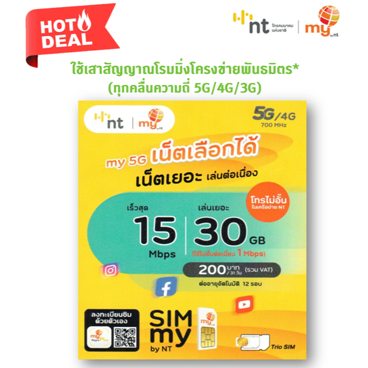 ซิมเน็ต เลือกได้ ซิมเทพ my by NT  ซิมเทพ Mini 15Mbps 30GB FUP 1Mbps ฟรีเดือนแรก ต่อโปร 200 บาท/เดือน