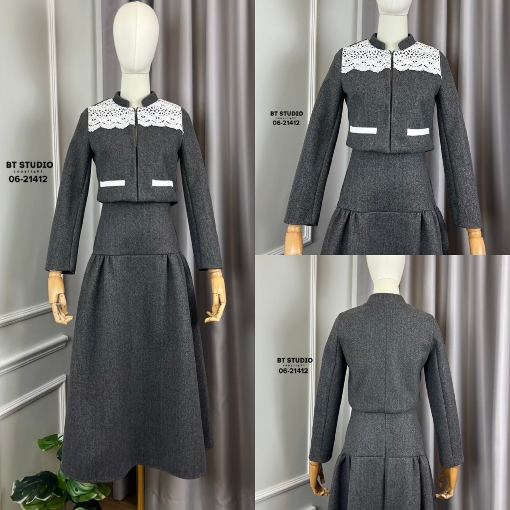 BT 06-21412 เซท 2 ชิ้น เสื้อเบเซอร์แขนยาวดีเทลแต่งตะขอหน้า เนื้อผ้าสีเทาตัดต่อผ้าลูกไม้ที่ปก มาพร้อมกระโปรงแต่งระบายออก