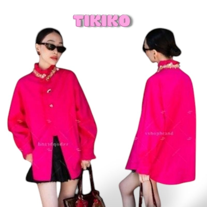 VSHOP เชิ้ตแขนยาวผ้าพื้นแต่งระบายหน้า ปักเลื่อมคอ 608-5