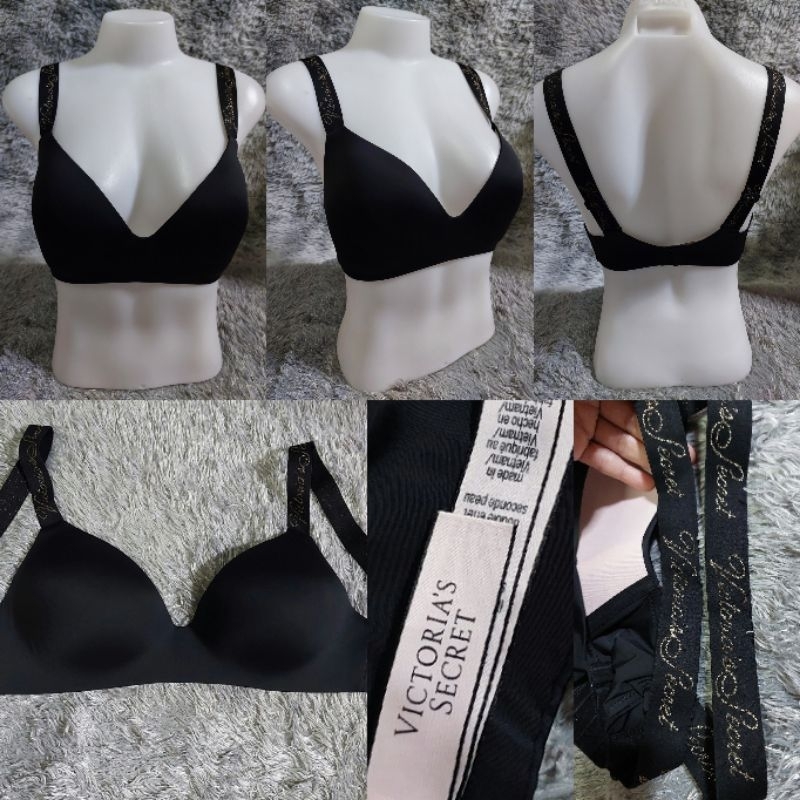 #เสื้อใน#เสื้อชั้นในผู้หญิง บุฟอง ไร้โครง สายปั๊มแบรนด์กริสเตอร์สีทอง#VICTORIA'S SIZE 32DDD สีดำ