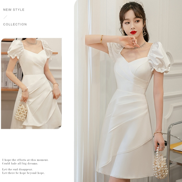 ชุดแฟชั่นสีขาว ชุดสีขาวกระโปรงหญิงสาวชุดฝรั่งเศสงานเลี้ยงกระโปรงสั้น