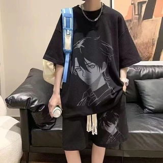 ชุดสูทลำลองอินเทรนด์สำหรับผู้ชายในฤดูร้อนอินเทรนด์พิมพ์ลายการ์ตูนหลวมกีฬาแขนสั้น + กางเกงขาสั้นชุดสองชิ้น