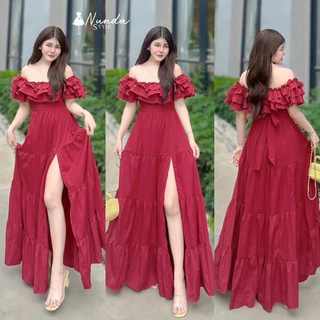 Maxi Dress เปิดไหล่ระบายแขน ผ้าไหมอิตาลี่ กระโปรงผ่าหน้า