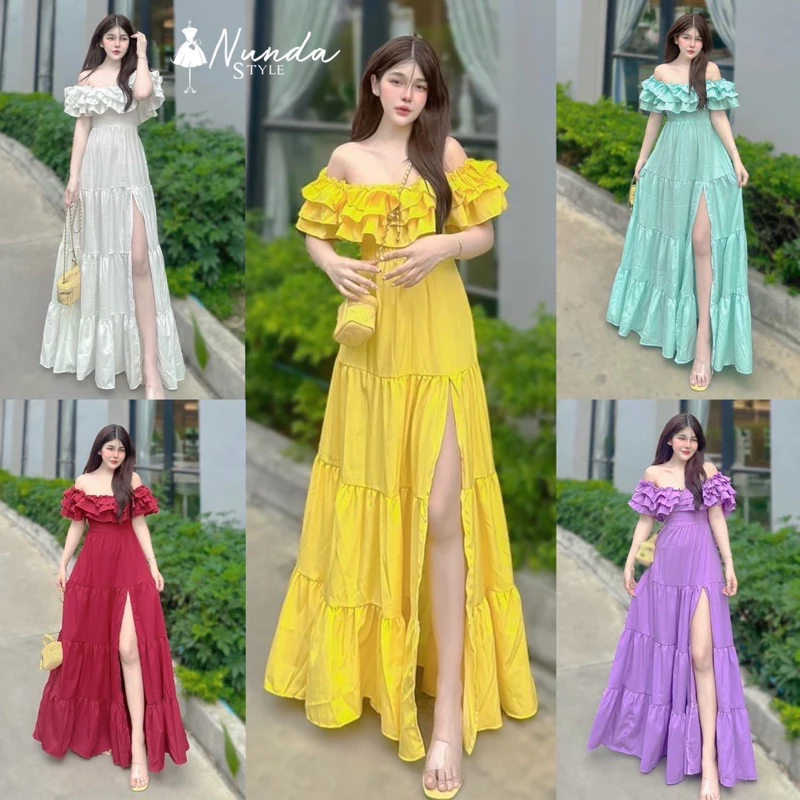 Maxi Dress เปิดไหล่ระบายแขน ผ้าไหมอิตาลี่ กระโปรงผ่าหน้า