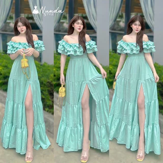 Maxi Dress เปิดไหล่ระบายแขน ผ้าไหมอิตาลี่ กระโปรงผ่าหน้า