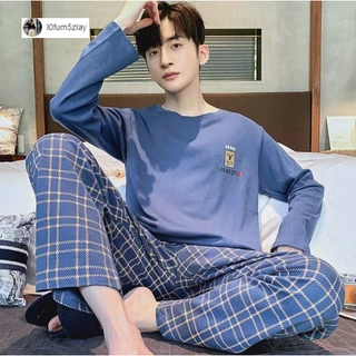 M-4XL(ราคาถูกที่สุด)ชุดนอนผู้ชาย，สีทึบที่หรูหรา，ชุดนอนผ้าซาตินเนื้อเรียบ，สวมใส่สบาย，8 สี，ขายาว+เสื้อ