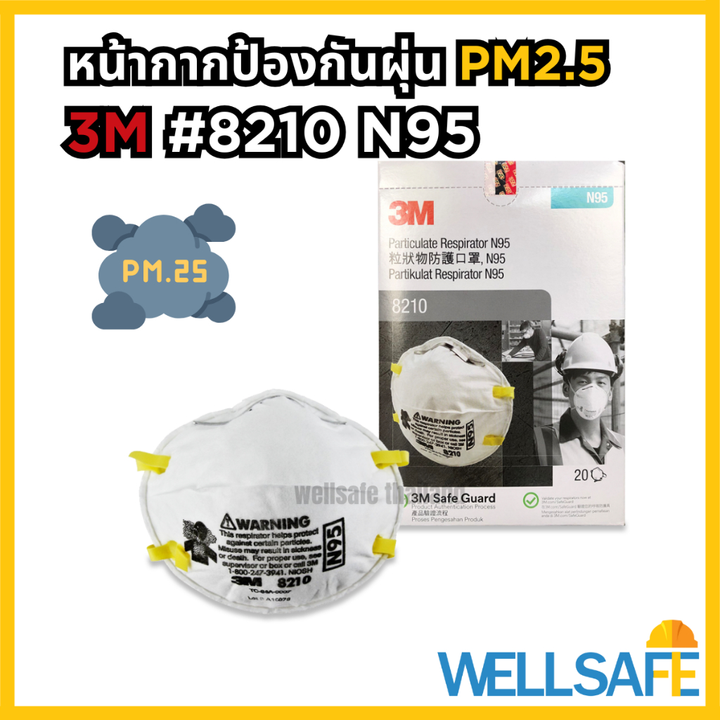 3M หน้ากากกันฝุ่นละออง N95 8210 สำหรับกันฝุ่น PM 2.5 Mask หน้ากากกันฝุ่น