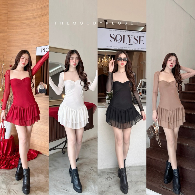 [THEMOODY] Nanny dress เดรสผ้ามุ้งแขนยาวกระโปรงจับจีบ งานมีซับใน น่ารักสุดๆ ฟรีไซส์