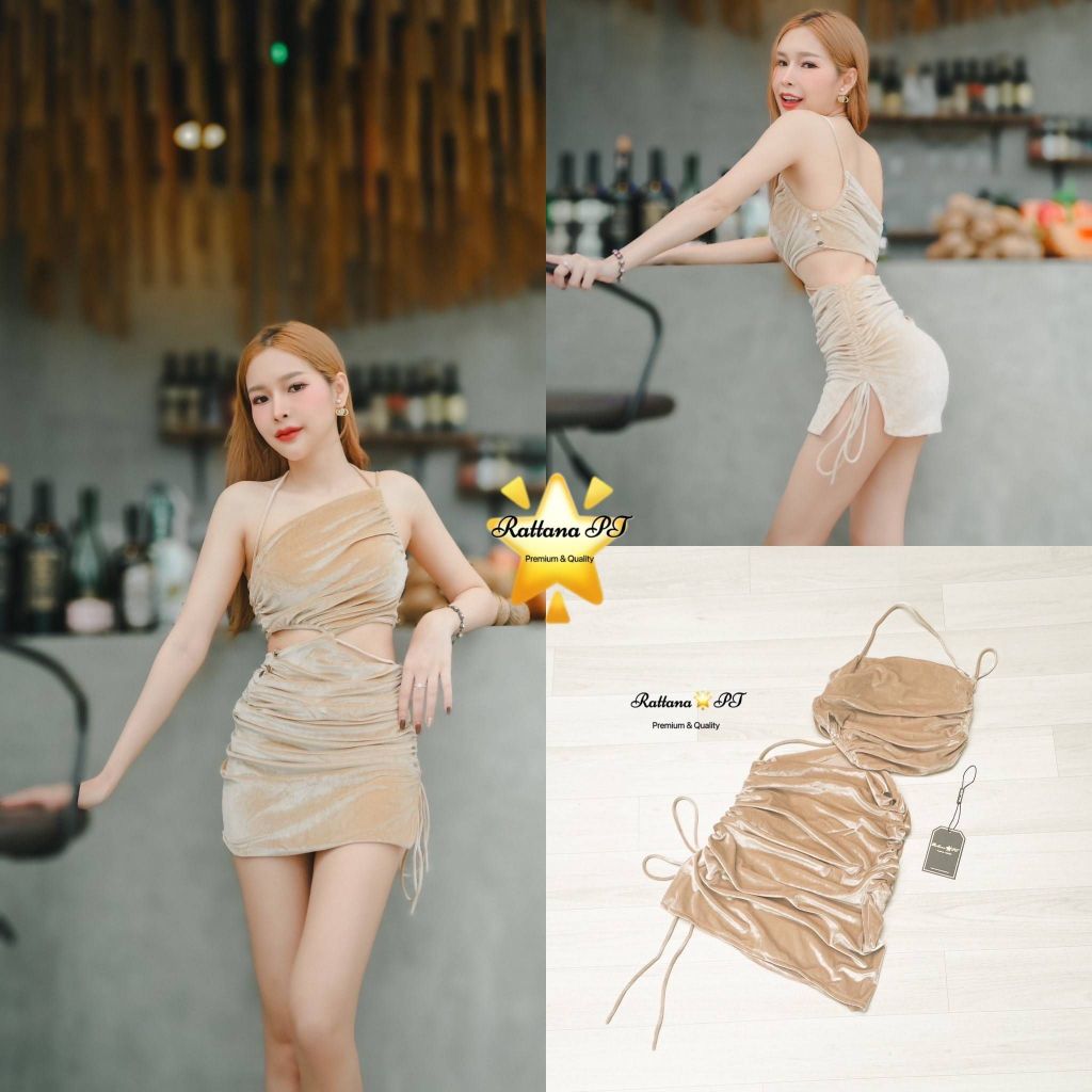 Rattana เดรสผ้ากำมะหยี่สีทองน้ำตาล ดีเทลสวยเก๋  เนื้อผ้าดี ผ้ายืดได้ ว๊าวช่วงเอว