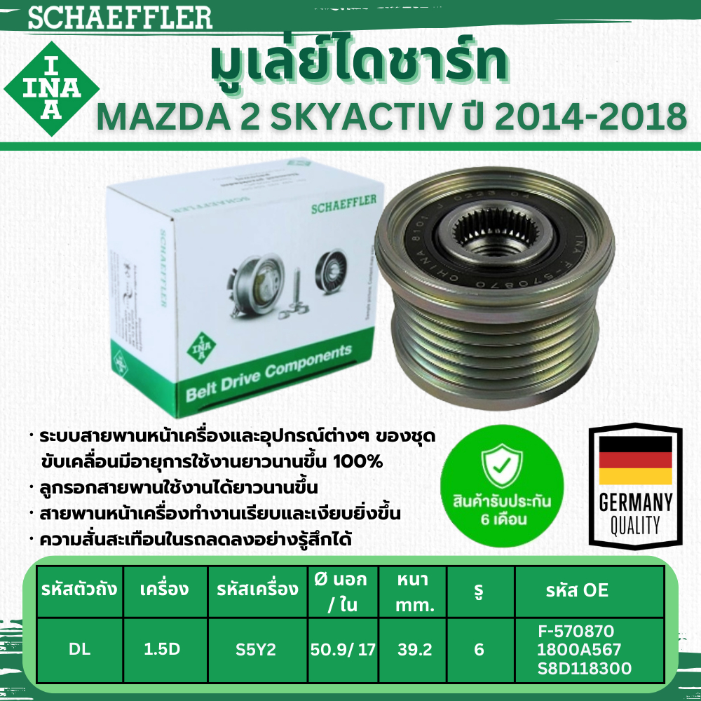 INA มูเล่ย์ไดชาร์ท MAZDA 2 SKYACTIV 1.5D (ดีเซล) ปี 2014-2018 (1ชิ้น) ประกัน 6 เดือน