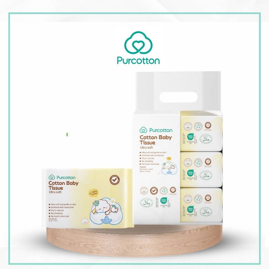 Purcotton Baby Tissue ทิชชูผ้าฝ้ายเด็ก 50กรัม บรรจุ 80แผ่น ( 15x20 ซม. )