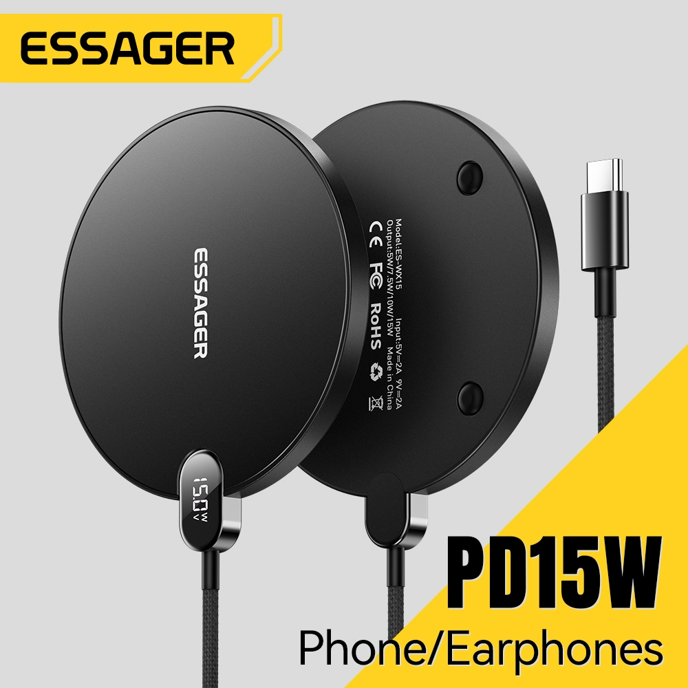 Essager แท่นชาร์จไร้สายแบบปรับอัตโนมัติพร้อมจอแสดงผลดิจิทัล 15/10/7W สำหรับโทรศัพท์มือถือและหูฟังไร้สาย