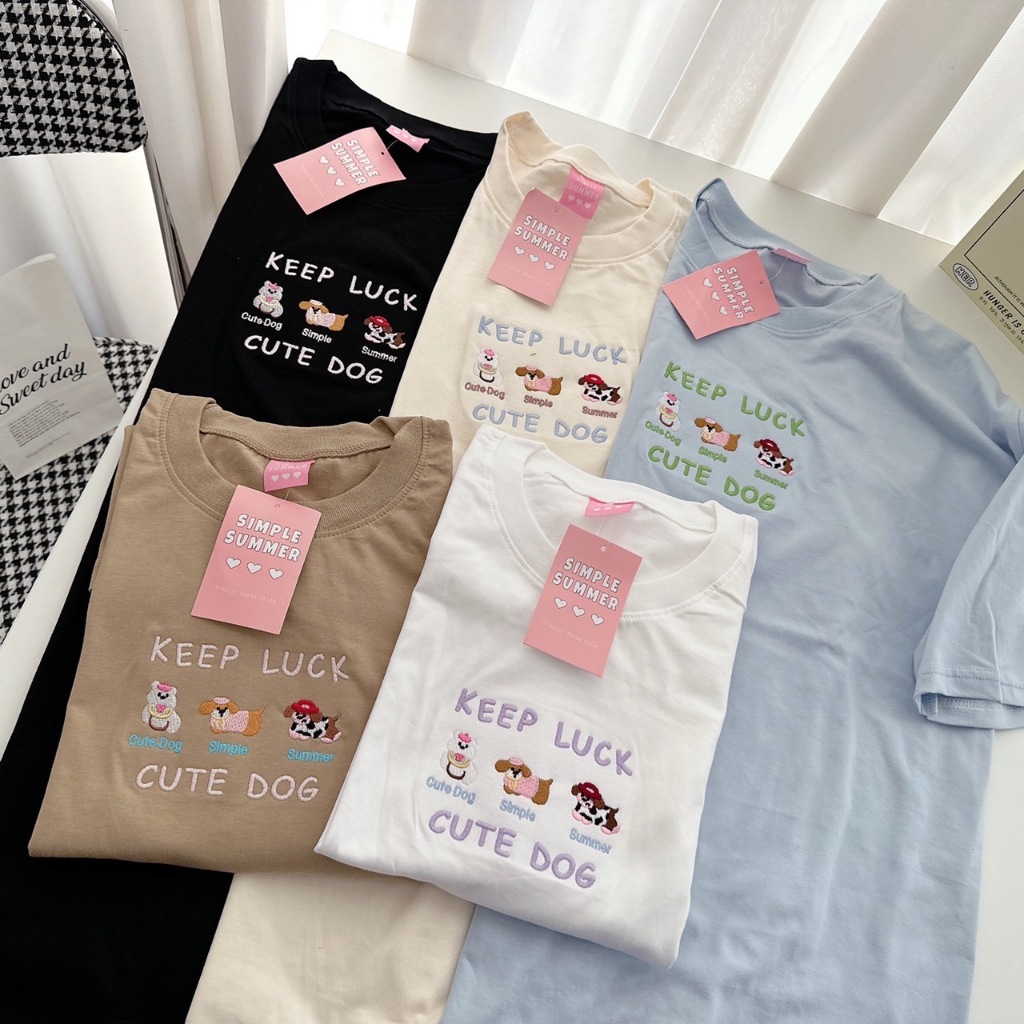 S334 เสื้อยืด oversize ผ้าคอตตอน ปัก keep luck cute dog